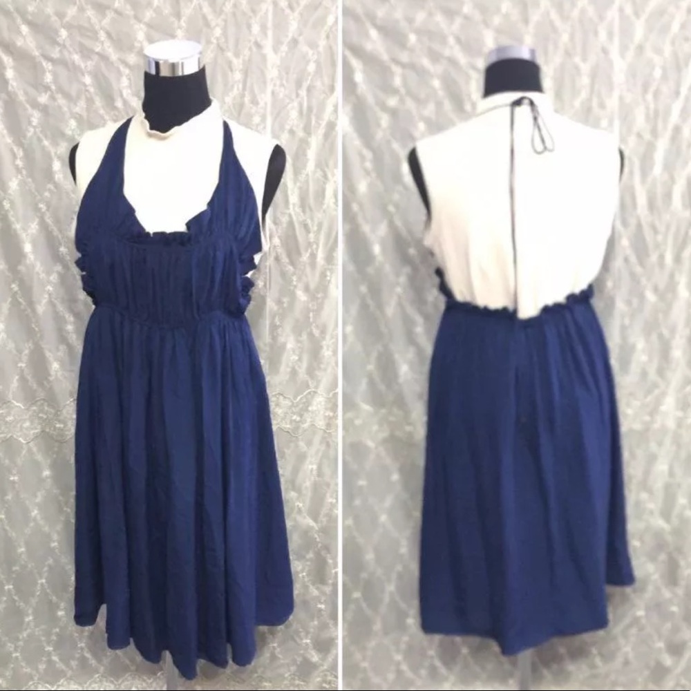 DOO RI Navy Blue 100% Silk Halter Dress S, fits OS